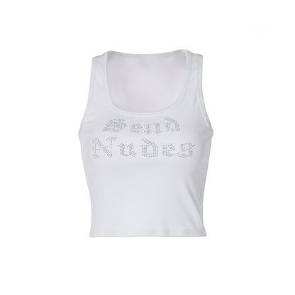 Trendy Letter Print Sleeveless Crop Top with Rhinestones