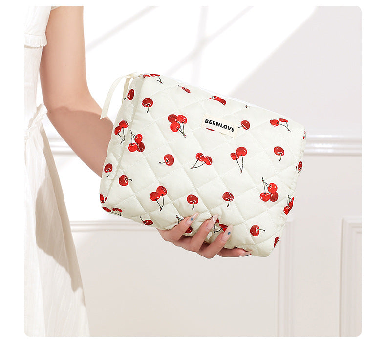 Cute Heart Print Cotton Quilted Cosmetic Bag