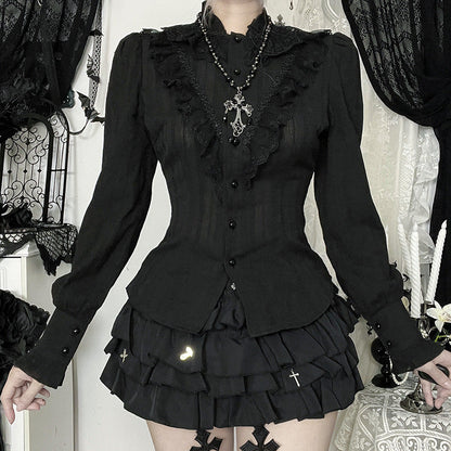 Chic Black Long Sleeve Shirt with Geometric Design