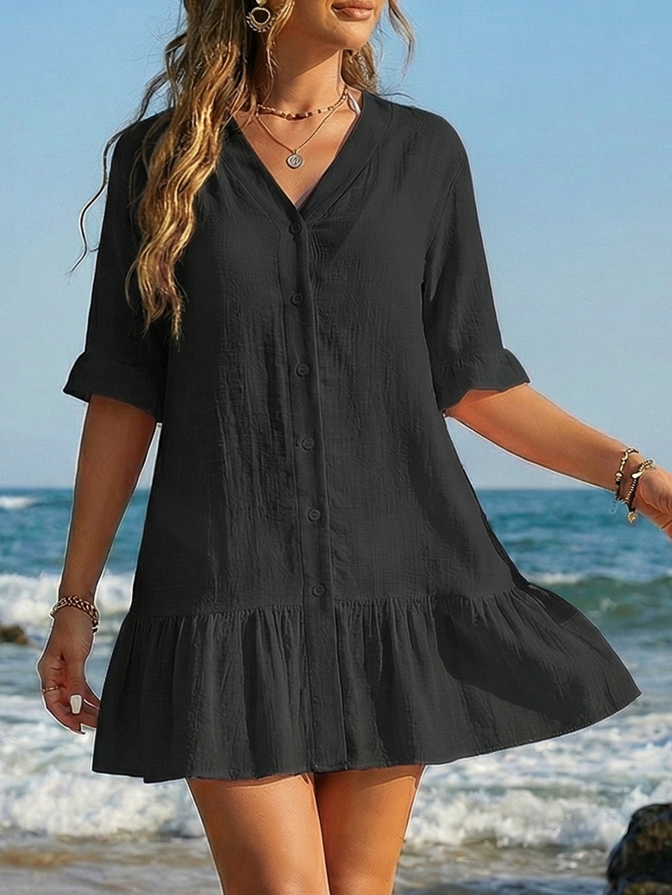 Women'S V-Neck Ruffle Hem Cardigan Dress