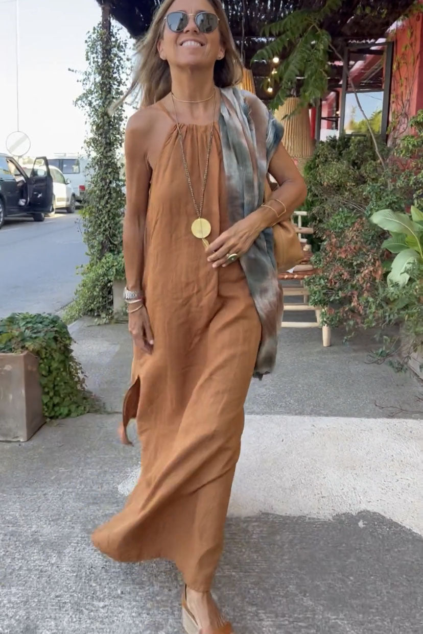 A Halterneck Slit Cotton And Linen Casual Holiday Dress