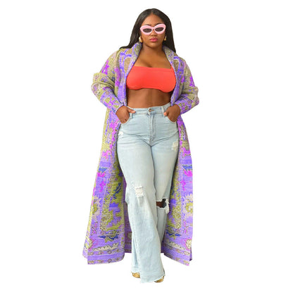 Plus Size Long Coat With Pleated Print For Women