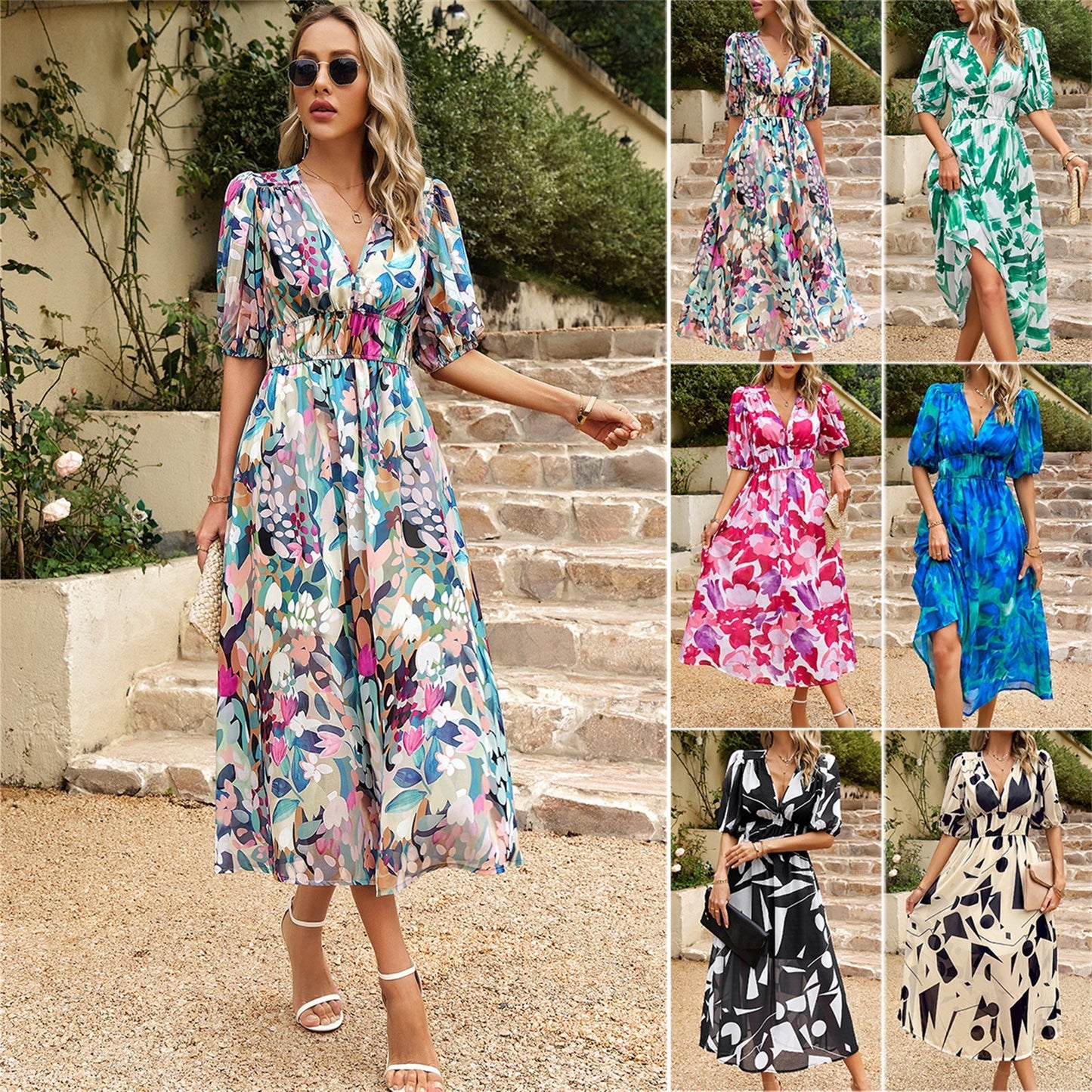 Elegant Floral Maxi Dress V-Neck Polyester Casual Wear