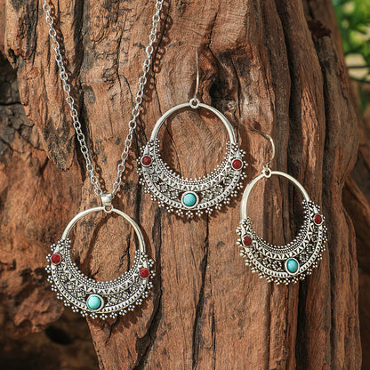 Bohemian Geometric Earrings and Necklace Set with Turquoise Accents