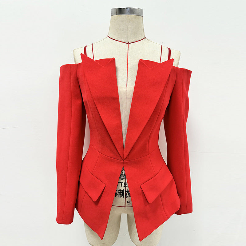 Red Zippered Blazer with Off-Shoulder Design