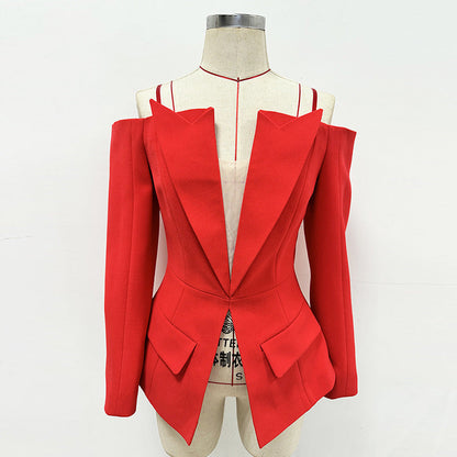 Red Zippered Blazer with Off-Shoulder Design