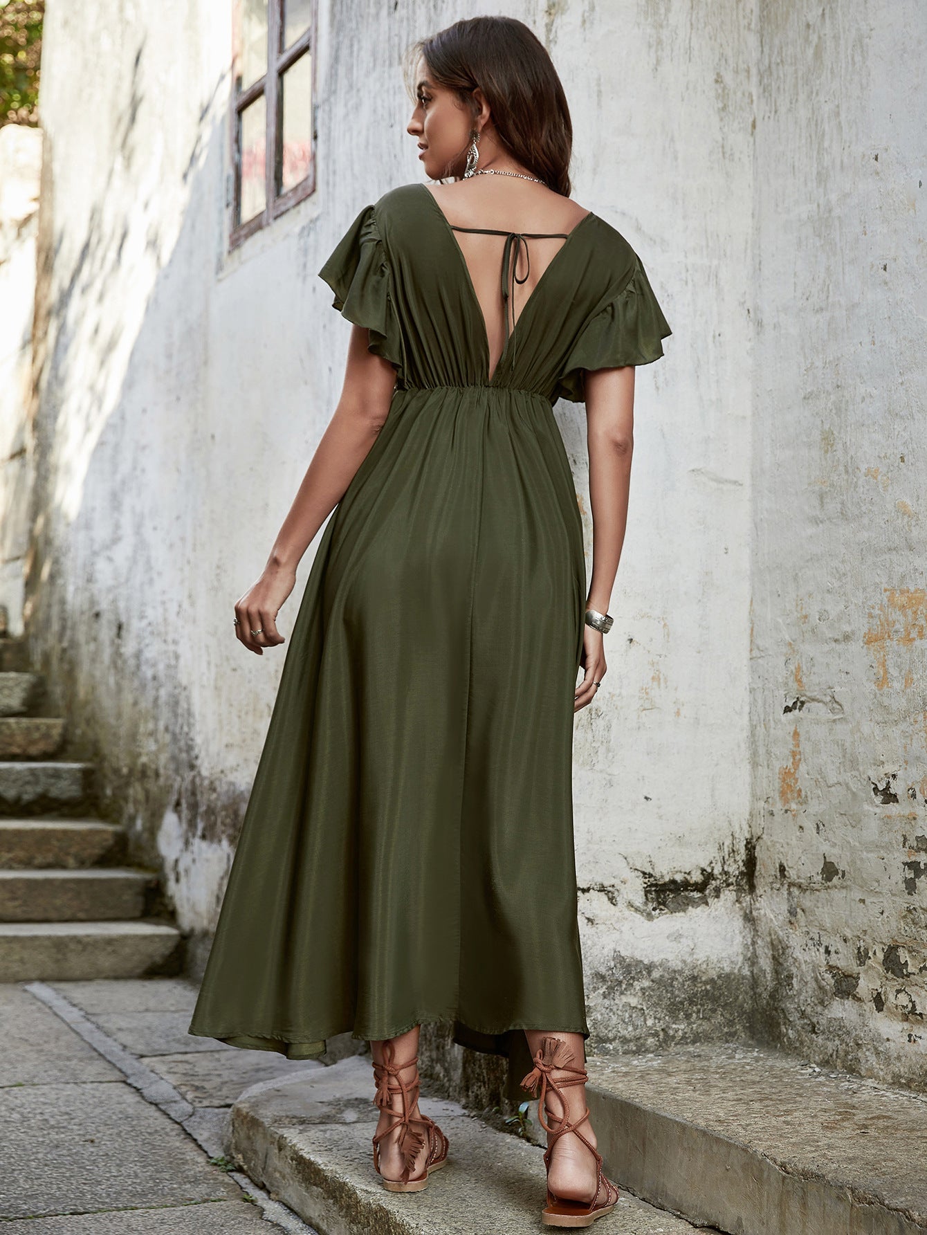 V-Neck High Waisted Slim Open Back Dress