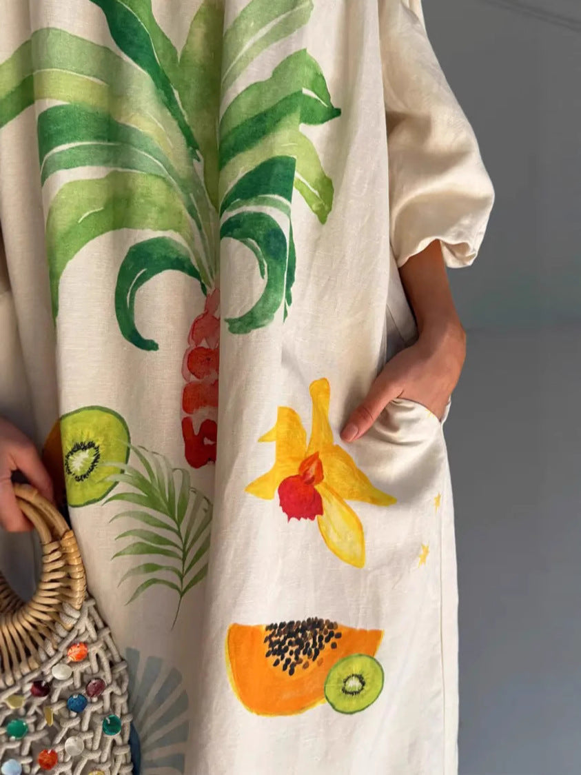 Floral Print Linen Off-Shoulder Maxi Dress
