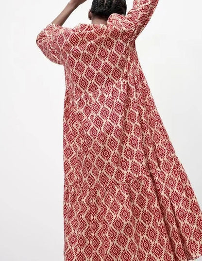 Women'S Long Sleeve Lapel Green Geometric Print Shirt Dress