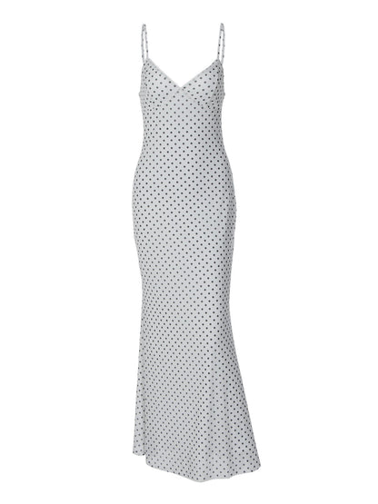 Elegant Polka Dot Deep V Neck Maxi Dress