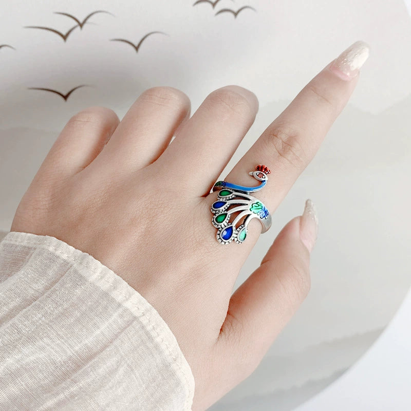 Sterling Silver Retro Thai Silver Ethnic Style Classical Ring Women'S Light Luxury Open Index Finger Fashion Personality Exaggerated Peacock Phoenix