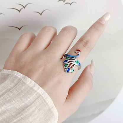 Sterling Silver Retro Thai Silver Ethnic Style Classical Ring Women'S Light Luxury Open Index Finger Fashion Personality Exaggerated Peacock Phoenix