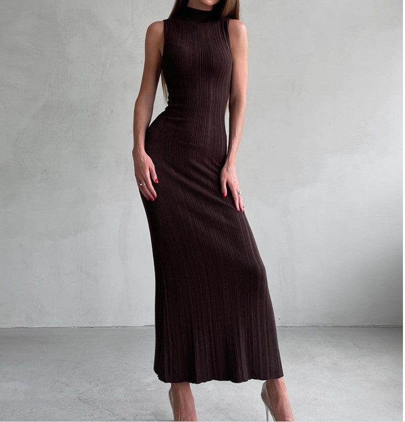 Solid Color High Neck Slim Maxi Dress