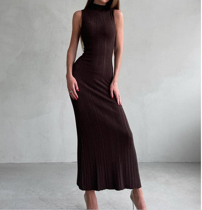 Solid Color High Neck Slim Maxi Dress