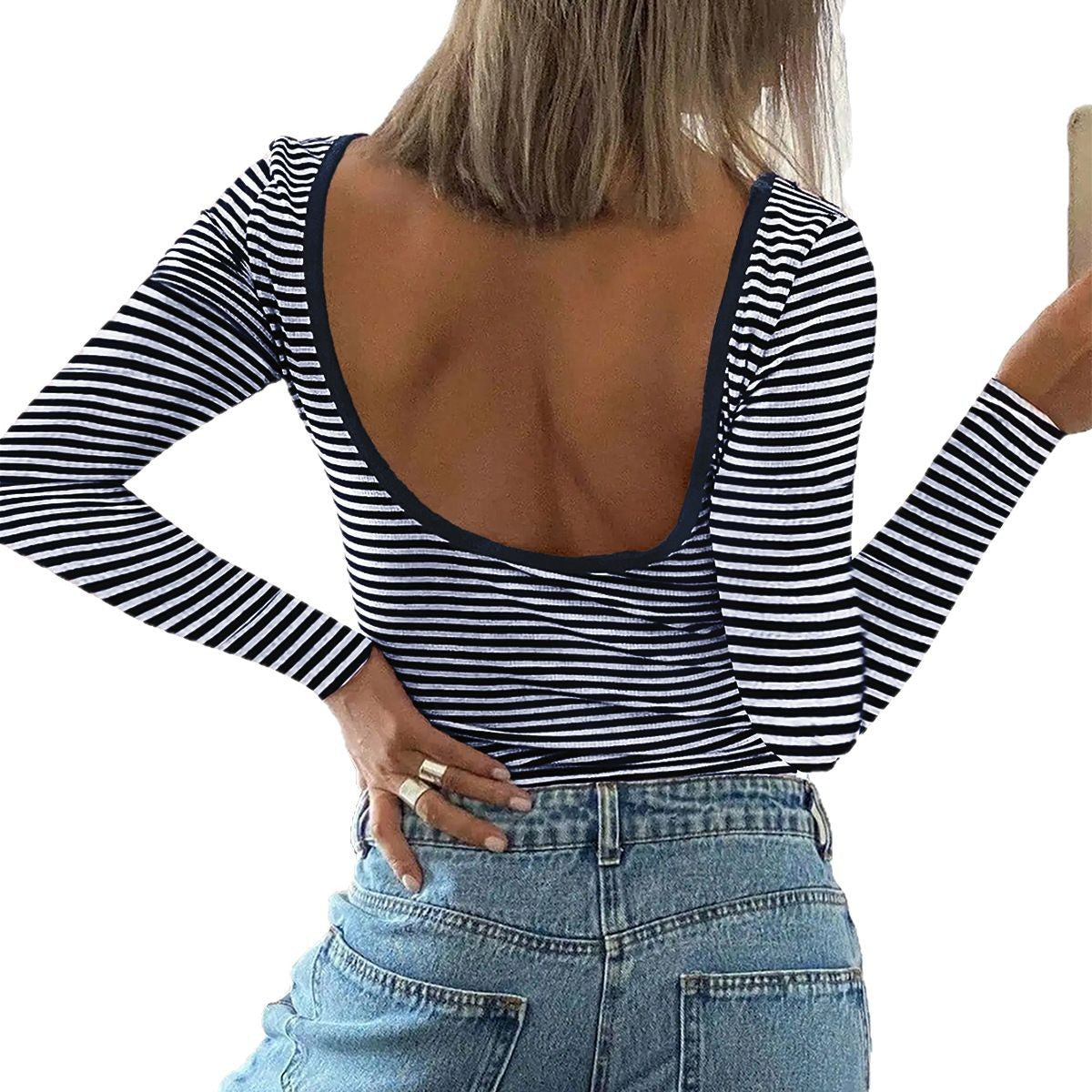 Y2K Striped Color Block Backless Long Sleeve T-Shirt for Women