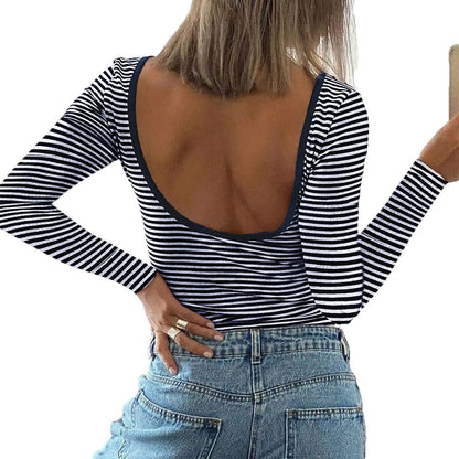 Y2K Striped Color Block Backless Long Sleeve T-Shirt for Women