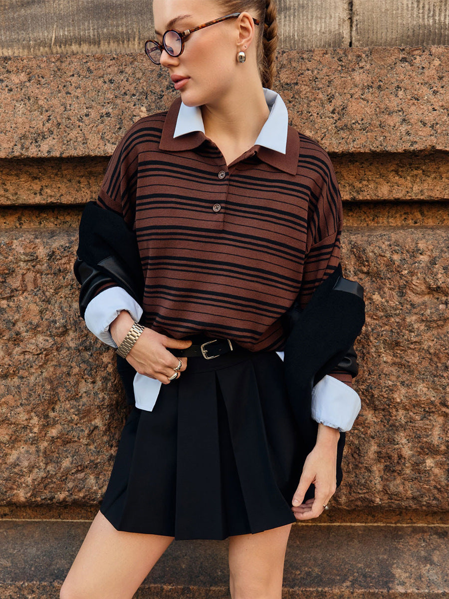 Striped Polo Collar Knitted T-Shirt Casual Retro Style