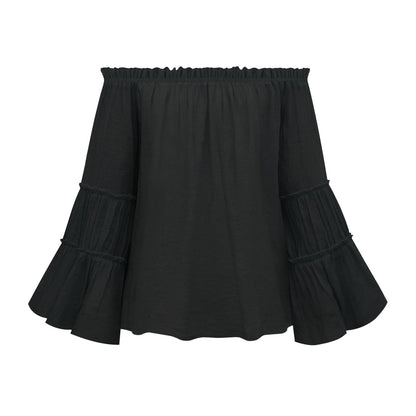 Spring/Summer Solid Color Sexy Fashion Loose Slub Cotton Flare Sleeves French Chic Top T-Shirt