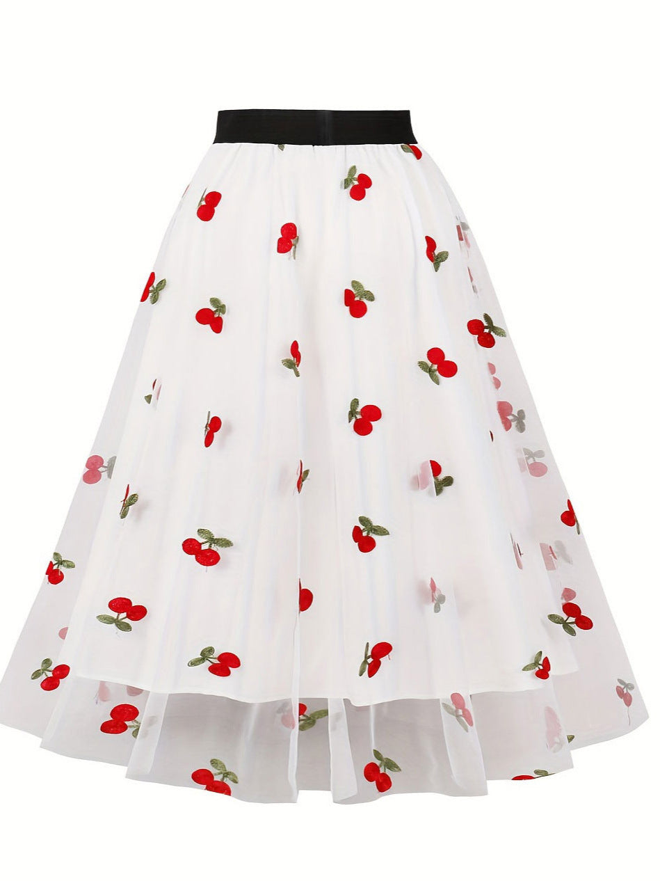 Plus Size High Waist A-Line Skirt with Cherry Embroidery
