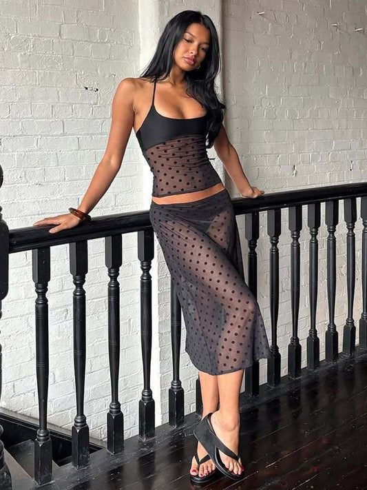 Trendy Polka Dot Sheer Halter Neck Bodycon Dress Set