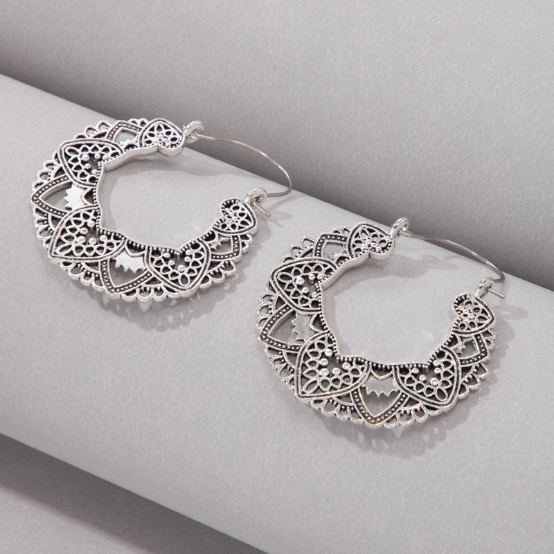Vintage Geometric Metal Hoop Earrings With Floral Patterns