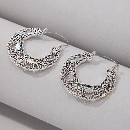 Vintage Geometric Metal Hoop Earrings With Floral Patterns