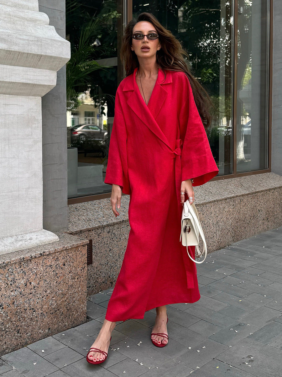 Casual Long Linen Dress With Tie Waist And V-Neck