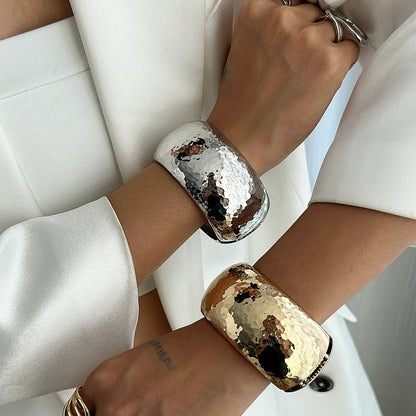 Trendy Wide Band Hammered Finish Bracelet Set