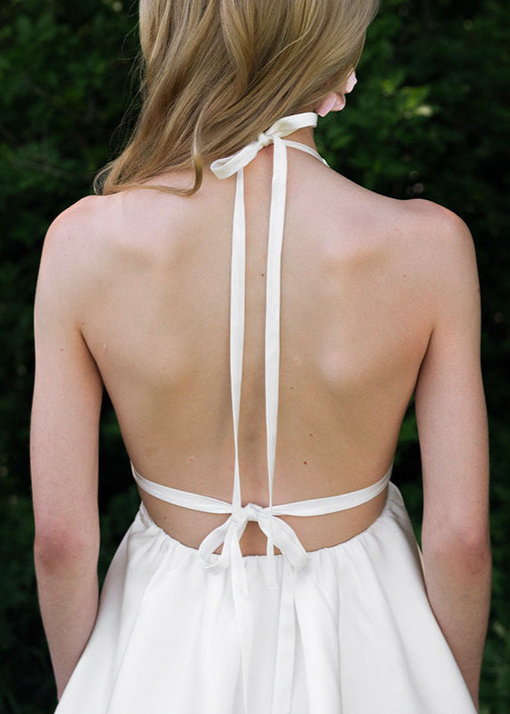 Halter Backless Fit Flare Dress White Fabric