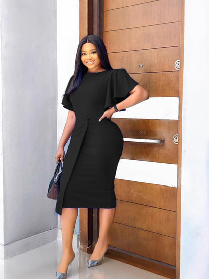 Elegant High-Waisted Ruffle Sleeve Office Dress