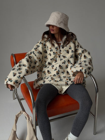 Floral Pattern Fleece Hoodie Casual Warm Sweatshirt