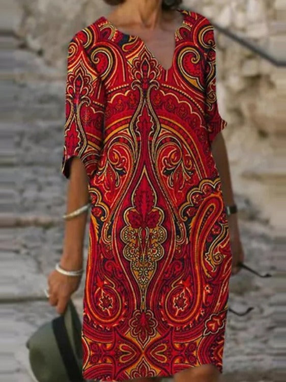 Abstract Print V-Neck A-Line Dress Comfortable Casual Fashion