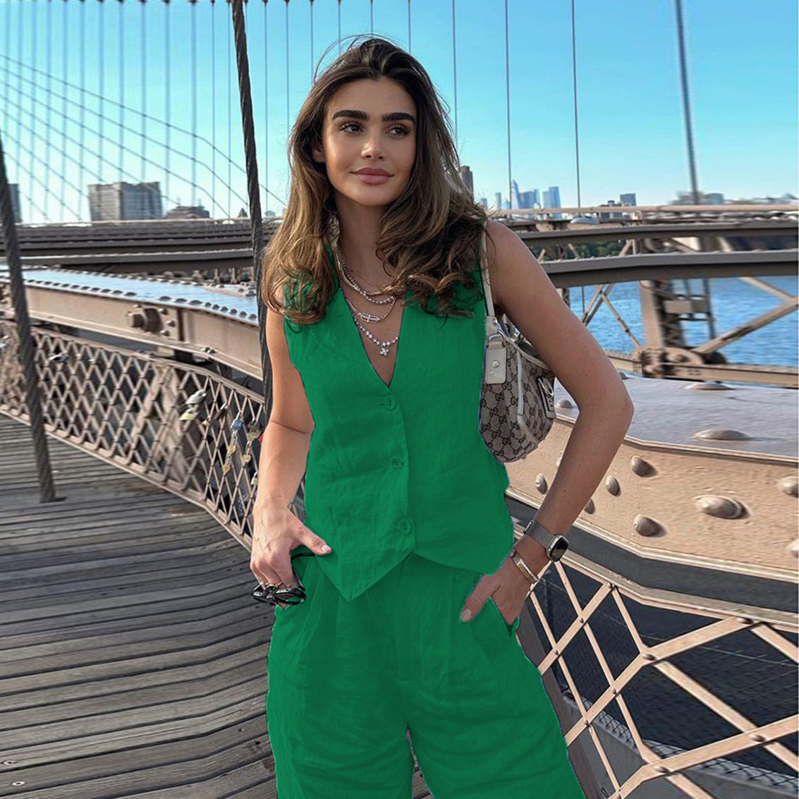 Casual Sleeveless Cotton Vest & Long Pants Set