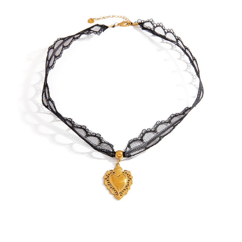 Elegant Lace Detail Heart Pendant Necklace in Stainless Steel