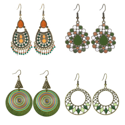 Bohemian Green Forest Earrings Set Artistic Vintage Style Geometric Accessories