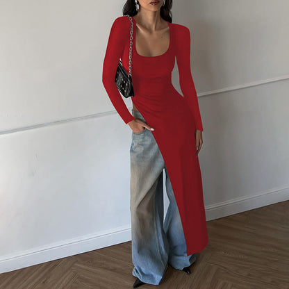 Fashionable U-Neck Bodycon Long Sleeve Dress Black