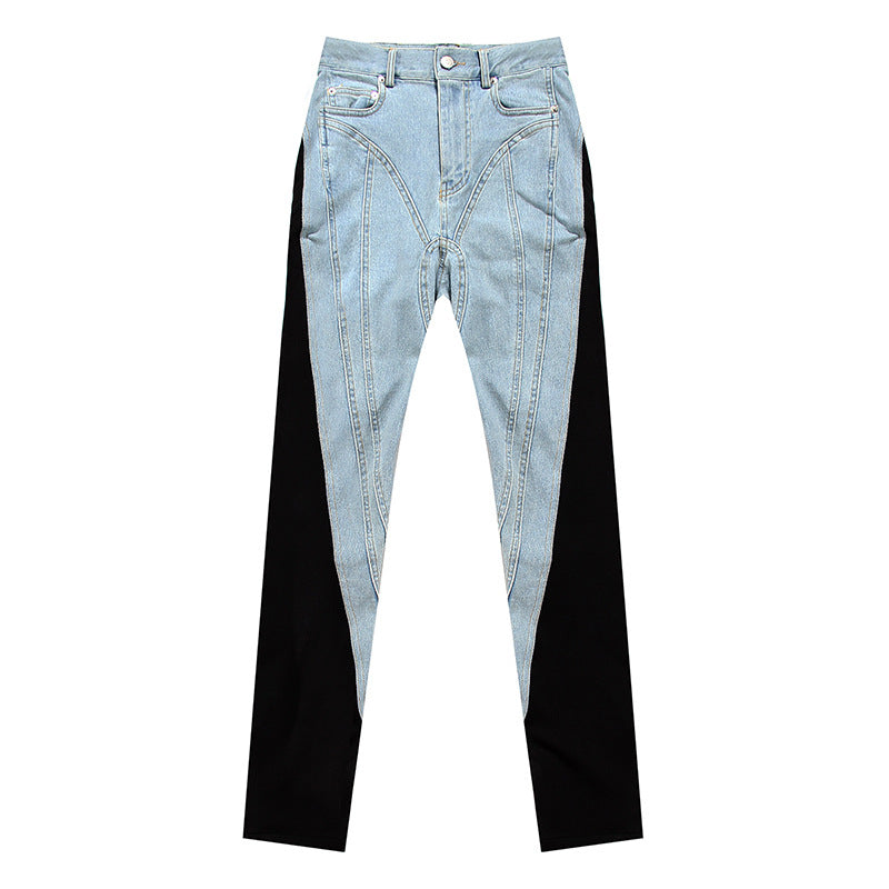 High-Waisted Slim Fit Denim Jeans Color-Block Street Style