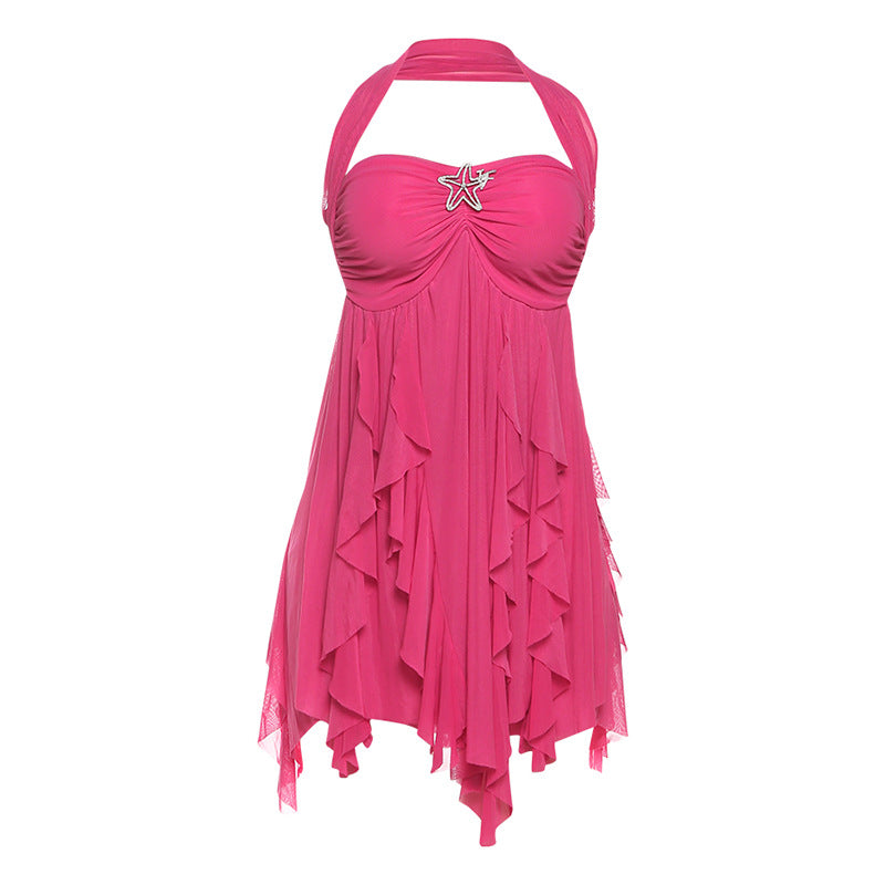 Backless Halter Neck Irregular Hem Mini Dress