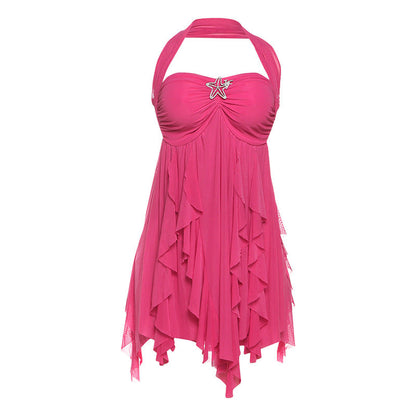 Backless Halter Neck Irregular Hem Mini Dress
