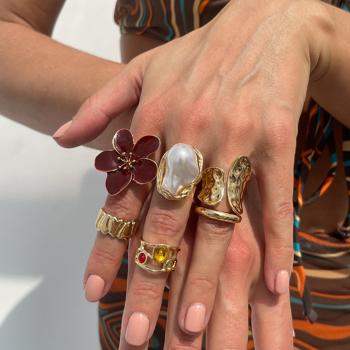 Floral Open Ring With Pearl Accents