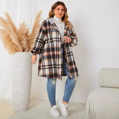 Plaid Hooded Long Coat For Plus Size Women