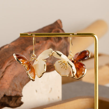 Caramel Amber Floral Resin Earrings For Women