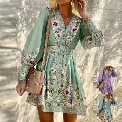 Women'S Long Sleeve V-Neck Loose Printed Boho Dress