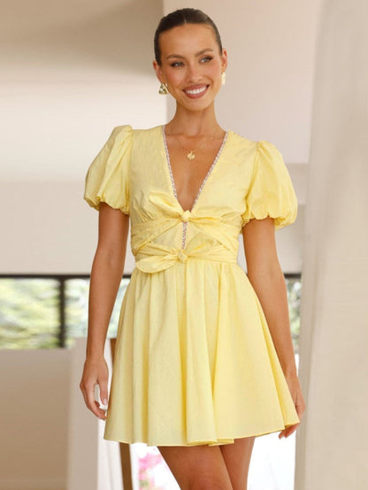 Sweet Lace Trim Deep V-Neck Puff Sleeve Dress