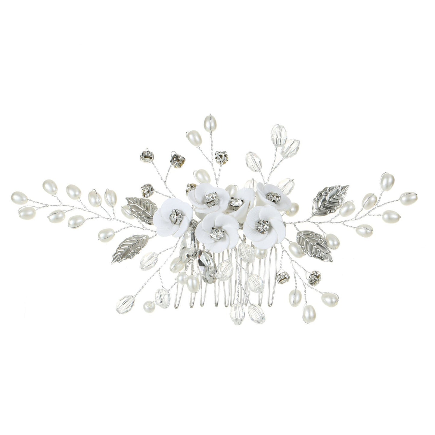 Handmade Pearl Flower Hair Comb with Gems in White
