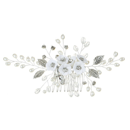 Handmade Pearl Flower Hair Comb with Gems in White
