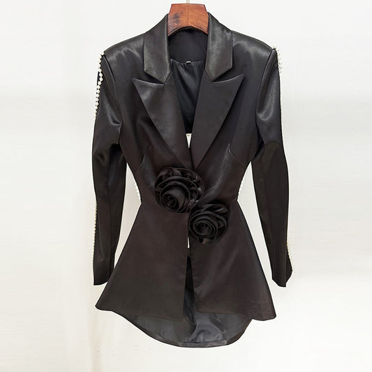 Hollowed Pearl Embellished Floral Blazer And Pants Set