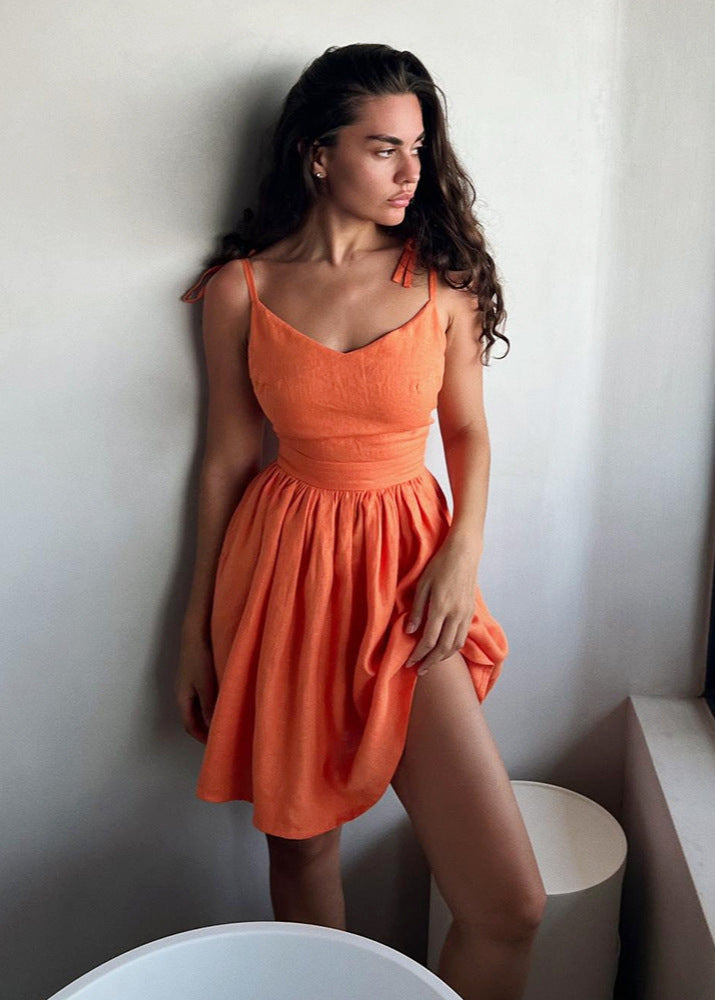 Linen Mini Dress With Tie Straps And Flared Skirt