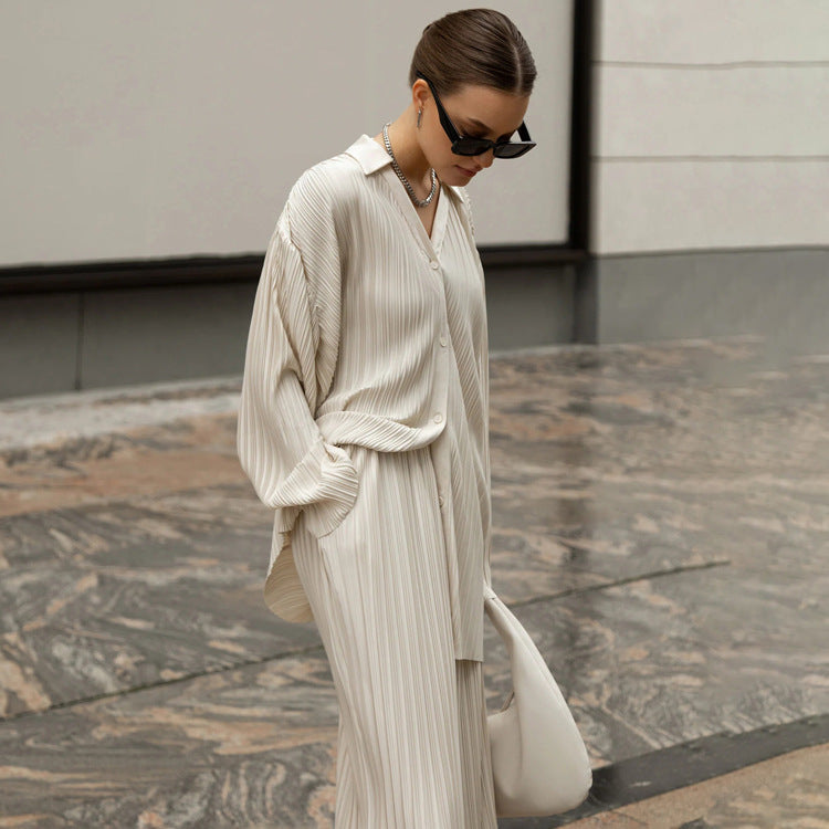 Trendy Solid Color Two-Piece Pants Set With Pleated Shirt