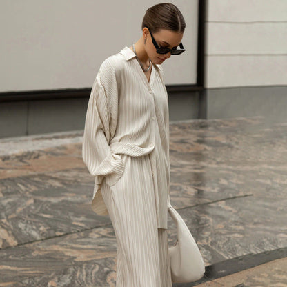 Trendy Solid Color Two-Piece Pants Set With Pleated Shirt